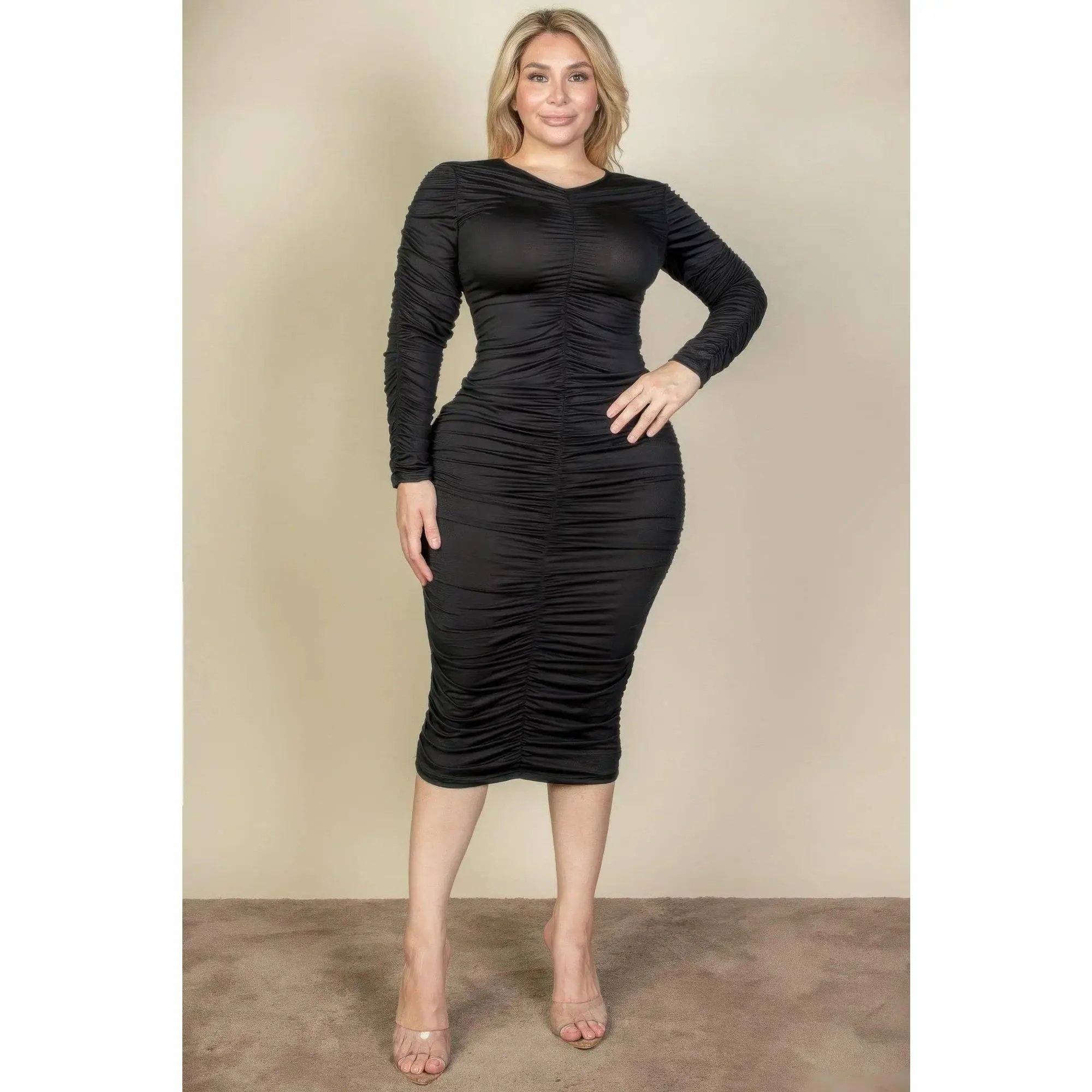 Plus Size Ruched Long Sleeve Midi Dress