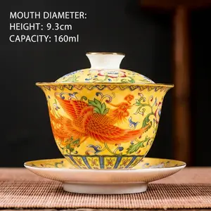 Enamel-painted Tripartite Lidded Bowl Dragon-Phoenix Ceramic Gongfu Tea Set