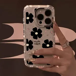 Luxurious Black Floral Pattern Phone Case with Rhinestones, Featuring a Transparent Glittery Star Border, Shockproof Design, Compatible with Iphone 17 Pro Max, 17 Air, 16, 15, 14 Plus, 13, 12, And 11. Perfect As a Christmas Gift, New Year Gift