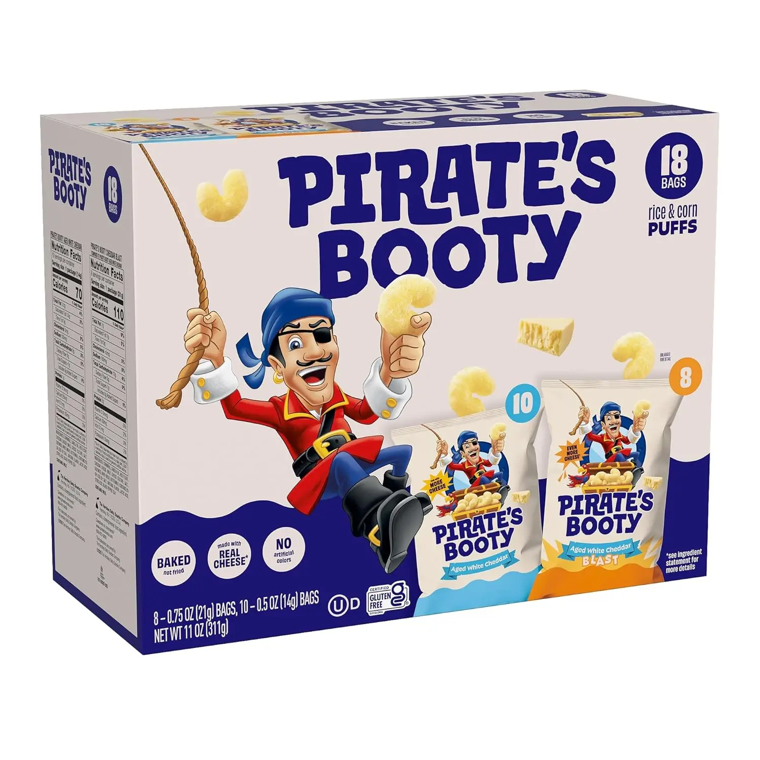 Pirate's Booty Aged White Cheddar and Cheddar Blast Cheese Puffs Variety Pack, Gluten-Free, Kids Snacks, 0.5oz and 0.75oz (18ct)