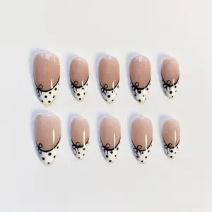 COQUETTE DOTS | White French Polka Dot Press On Nails | Cute Black Bow Fake Nails | Vintage Soft Girl Aesthetic | Custom Handmade Almond Set 2026