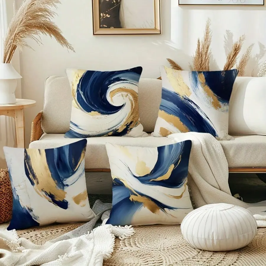 4pcs Square Navy Blue Golden White Black Oceanic Wave Throw Pillow Covers - Contemporary Marbled Abstract Design Covers with Zipper Closure, Double-sided Printing, Machine Washable Indoor/Outdoor Decorative Pillowcases for Sofa, Bed, Porch