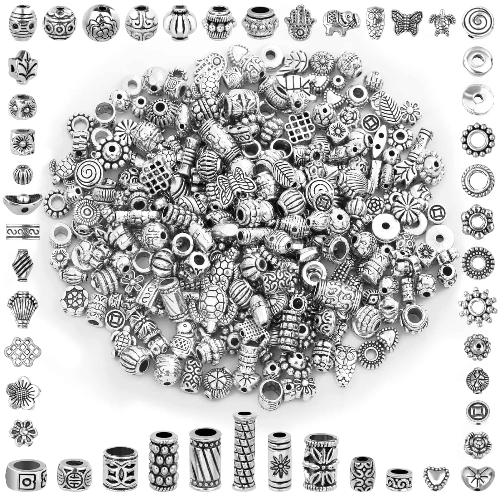 350 Pcs Silver Spacer Beads for Jewelry Making, Mixed Bulk Metal Beads for Bracelets & Necklaces