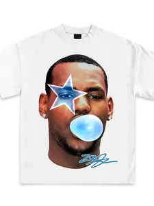 Lebron James Stars Bubblegum Pattern T-Shirt, Vintage Street Style, Casual Long Top, Fitted, No Zipper, All Seasons