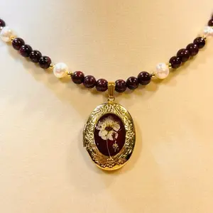 Fabiola Flower Locket Necklace with Garnet Beads and Pearls and Heart Pendant Featuring Floral Design