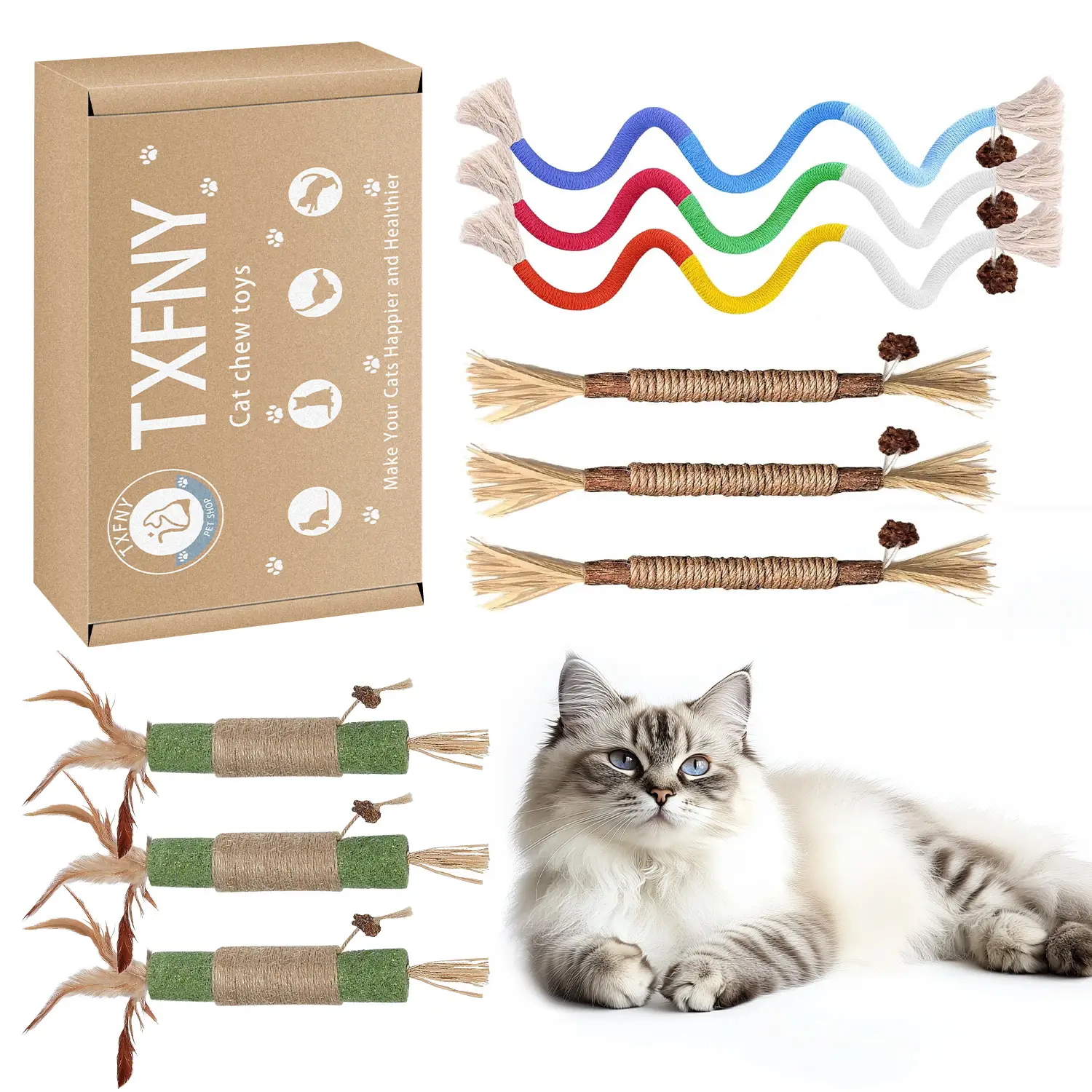 TxfnY Cat Toys Chew Ropes 9 Pcs with Refillable Natural Catnip, Safe Teeth Cleaning Toys for Indoor Cats,Interactive Cat Nip Kitty Toys for All Breeds
