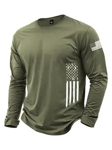 Men's spring and autumn thin long-sleeve T-shirt with loose fit, patriotic pattern print, trendy fashion casual sports outdoor black men's lightweight top, suitable for autumn wear, perfect gift for men, street style, commute, outdoor activities, vacation