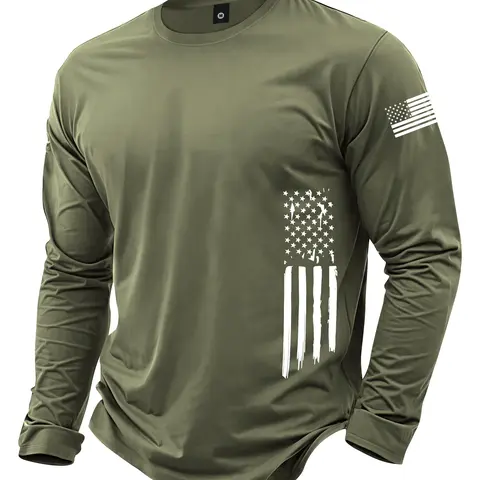 Men's spring and autumn thin long-sleeve T-shirt with loose fit, patriotic pattern print, trendy fashion casual sports outdoor black men's lightweight top, suitable for autumn wear, perfect gift for men, street style, commute, outdoor activities, vacation