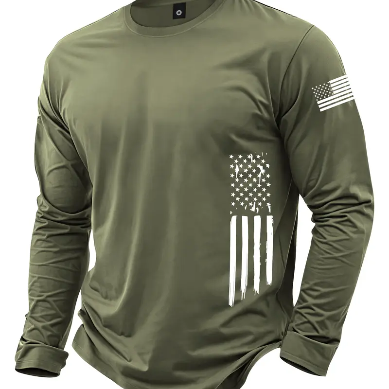 Men's spring and autumn thin long-sleeve T-shirt with loose fit, patriotic pattern print, trendy fashion casual sports outdoor black men's lightweight top, suitable for autumn wear, perfect gift for men, street style, commute, outdoor activities, vacation