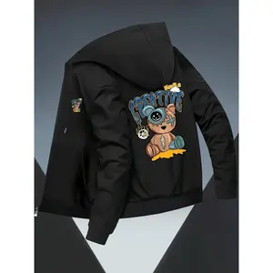 Bmuvlss Men's Slim-Fit Hooded Bomber Jacket with Teddy Bear & Money Print (Cash/Bitcoin) - Grey Winter Coat, Full-Zip Closure, Machine Washable, Pockets - Casual Outerwear for Crypto Fans & Style