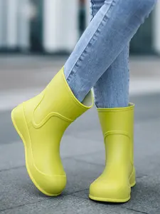 Fashion Rain Boots Women Cute Short Waterproof Mid-Calf Round Toe Boots Camping Non-Slip Wear-Resistant Water Shoes, Casual Solid Pattern All Seasons Footwear