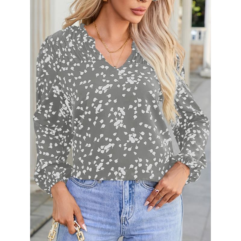 Chic Polka Dot V-Neck Blouse for Women - Casual Long Sleeve, Loose Fit Top with Pleated Detail, Machine Washable, ZAFUL