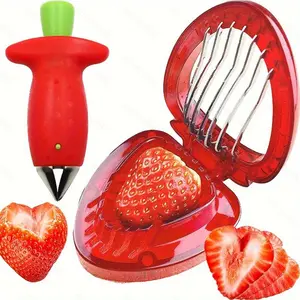 1/2/3pcs, Stainless Steel Strawberry Slicer, Creative Fruit Divider, Grape Slicer, Red Stainless Steel Strawberry Cutter, Strawberry Huller Stem Remover, Creative Cherry Pitter, Manual Stainless Steel Blade Kitchen Tools And Gadgets, Kitchen Supplies