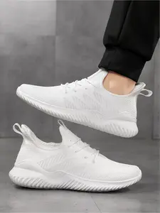 Men's One-piece Fly Knit Mesh Sneakers, Lightweight Soft Cushion Breathable Sport Running Shoes, Versatile Daily Commute Casual Male Footwear, Trendy Running Shoes