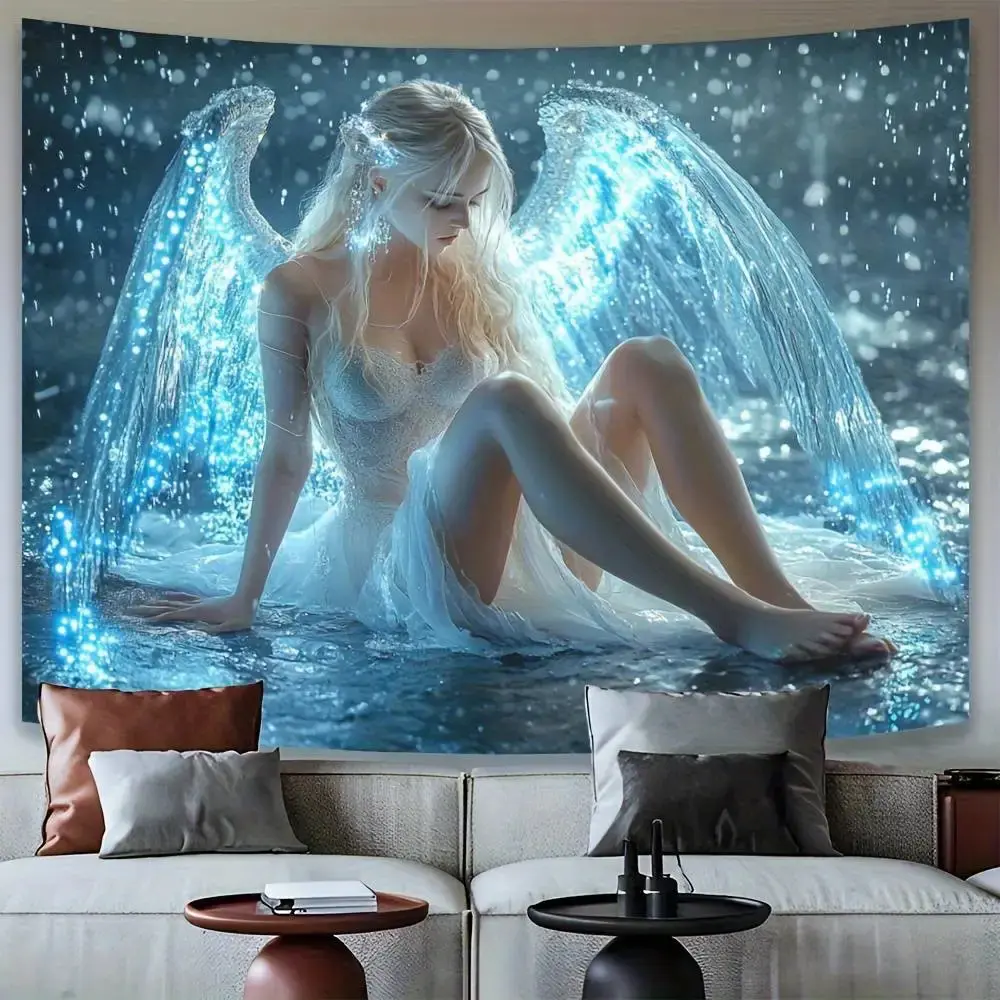 1pc Glam Angel in Water Backdrop Cloth - Polyester, No Feathers, Electricity-Free, Perfect for Living Room, Bedroom, Office, Party Decor, Creative Gift Idea, Elegant Blue & White Design, Versatile Wall Decor |     Ethereal Angel Design |     Soft Texture
