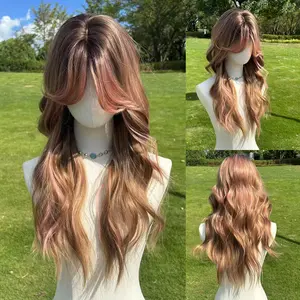 SMILCO/26Inch Highlight Brown With Pink Long Wave With Bangs Synthetic Wig/SM558