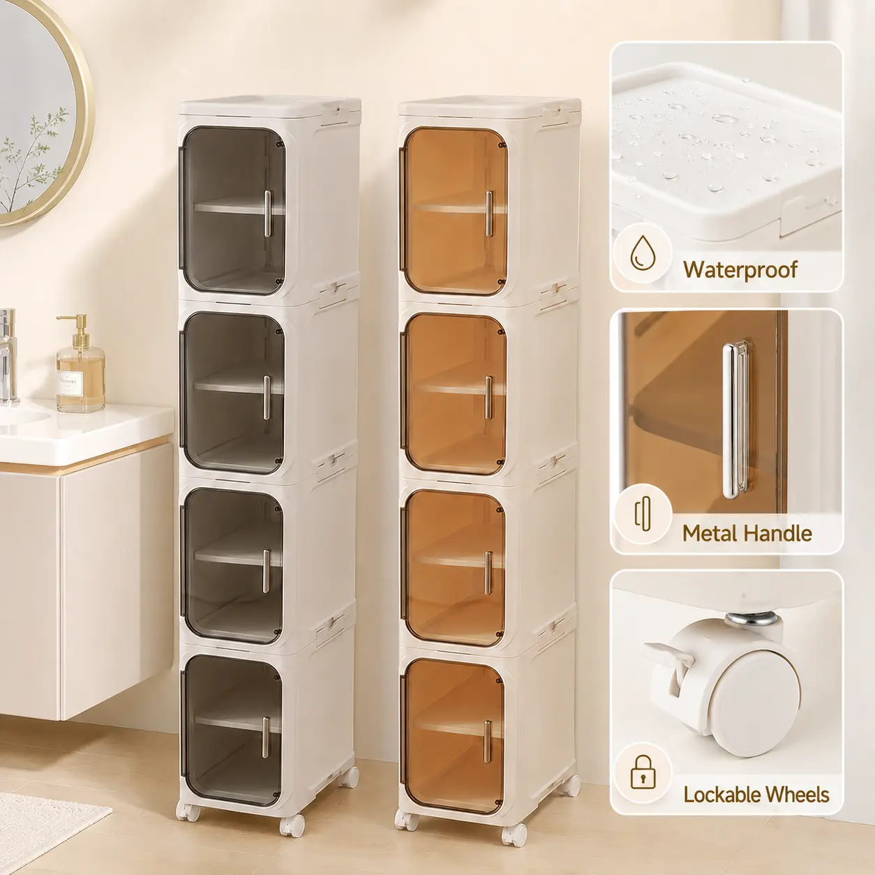 Narrow Storage Cabinet with Doors, Slim Bathroom Storage Organizer for Small Spaces, 4-Tier Tall Skinny Cabinet with Adjustable Shelf, Rolling Wheels, Collapsible Plastic Cabinet for Bathroom Kitchen Laundry Closet