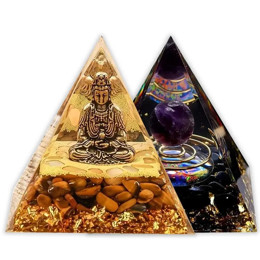Desktop Pyramid Ornaments Set, 1 Count Golden Moonlight Crystal Buddha Pyramid & 1 Count Multicolor Inlaid Ball Decoration Amethyst Pyramid, Relieve Stress Meditation Divination, Creative Gift, Religious Supplies