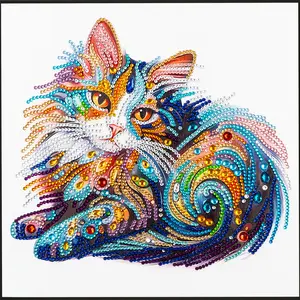 Colorful Swirl Cat Diamond Painting, Vibrant Feline Art, DIY Sparkling Wall Decor, Creative Home Accent, Unique Gift for Cat & Art Lovers, Whimsical Design, Diamond Art Kit for Relaxation, Charming Home Decoration