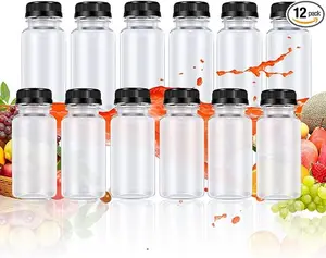 12 Pcs Plastic Juice Bottle, Reusable Drink Containers, For Juice, Milk, Smoothie And Other Drinks, With Black Lid, 2 OZ.
