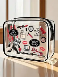 Skincare Pattern Print PVC Toiletry Bags, Transparent Vanity Bag, PVC Travel Organizer Pouch With Zipper Closure - Lightweight Fade-Resistant Makeup & Toiletry Bag For Women & Girls, Portable Cosmetic Case, Easy Wipe-Clean Design, Makeup Storage Bag