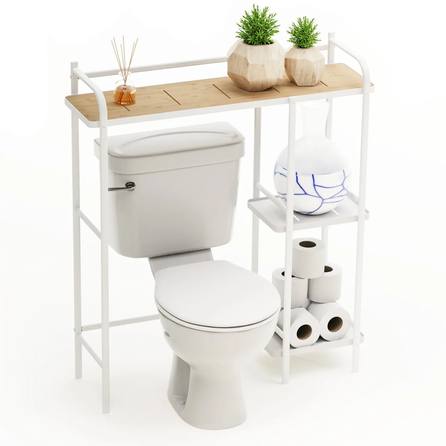 Home Zone Living Over-the-Toilet 3-Tier Metal Storage Organizer - Bamboo Accent Top, Steel Frame, Freestanding Bathroom Shelf, White Finish, Toilet Rack, Bathroom Organizing Accessories, Storage Standing Shelf Units, Simple to Assemble