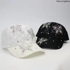Women's Y2K Rhinestone Butterfly Baseball Cap, Breathable Mesh UV Protection Adjustable Sun Hat, Sparkly Trendy Fashion Headwear for Summer Daily Outdoor Beach Vacation
