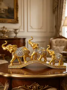 Golden Elephant Family Statue, Resin Feng Shui Decor with Crystal Accents, Good Luck Figurine for Living Room, Shelf, Coffee Table, Mantel, Luxury Home Accent, Housewarming Giftbedroom decor home essentialsHome Essentialsbedroom decor