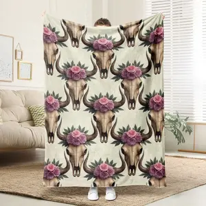 1 Comfortable Cow Skull Rose Decorated Flannel Blanket, Soft Printed Cooling Blanket, 100% Polyester Fiber, Perfect Gift For Family And Friends