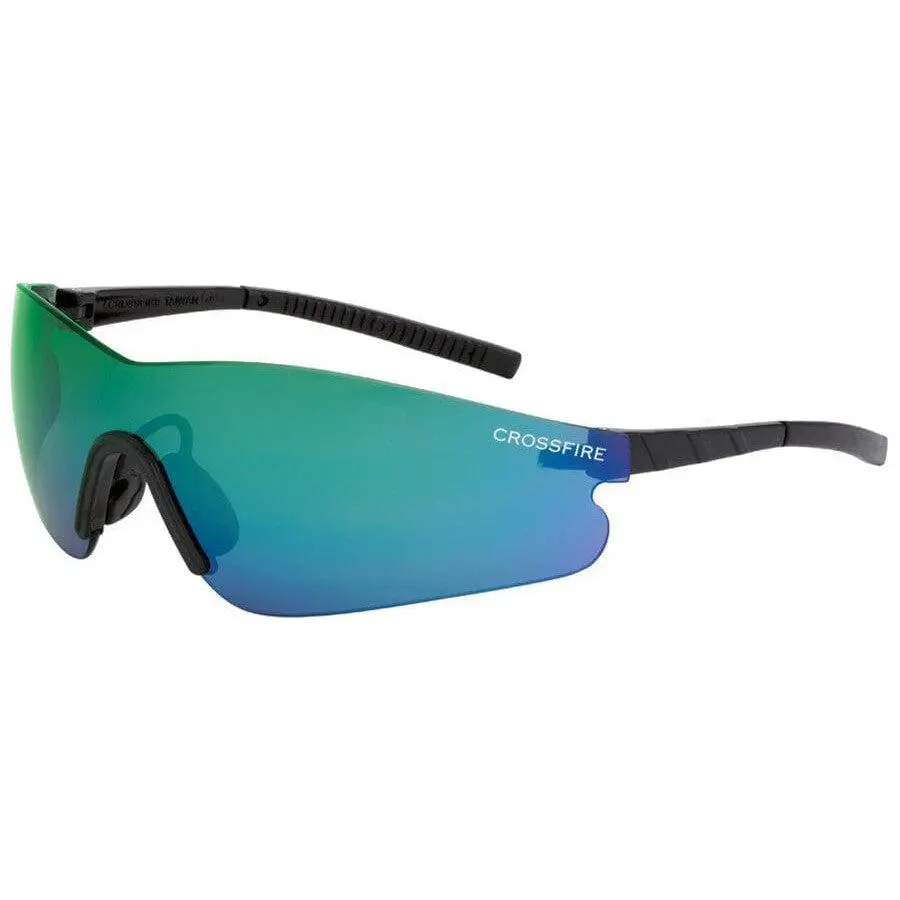 Crossfire Blade Safety Glasses - Black Frame, Emerald Mirror Polycarbonate Single Lens, UVA/UVB Blocking for Home Improvement, Construction Work Safety, Wrap Around Sunglasses, Adjustable, Vented Rubber Nose Bridge