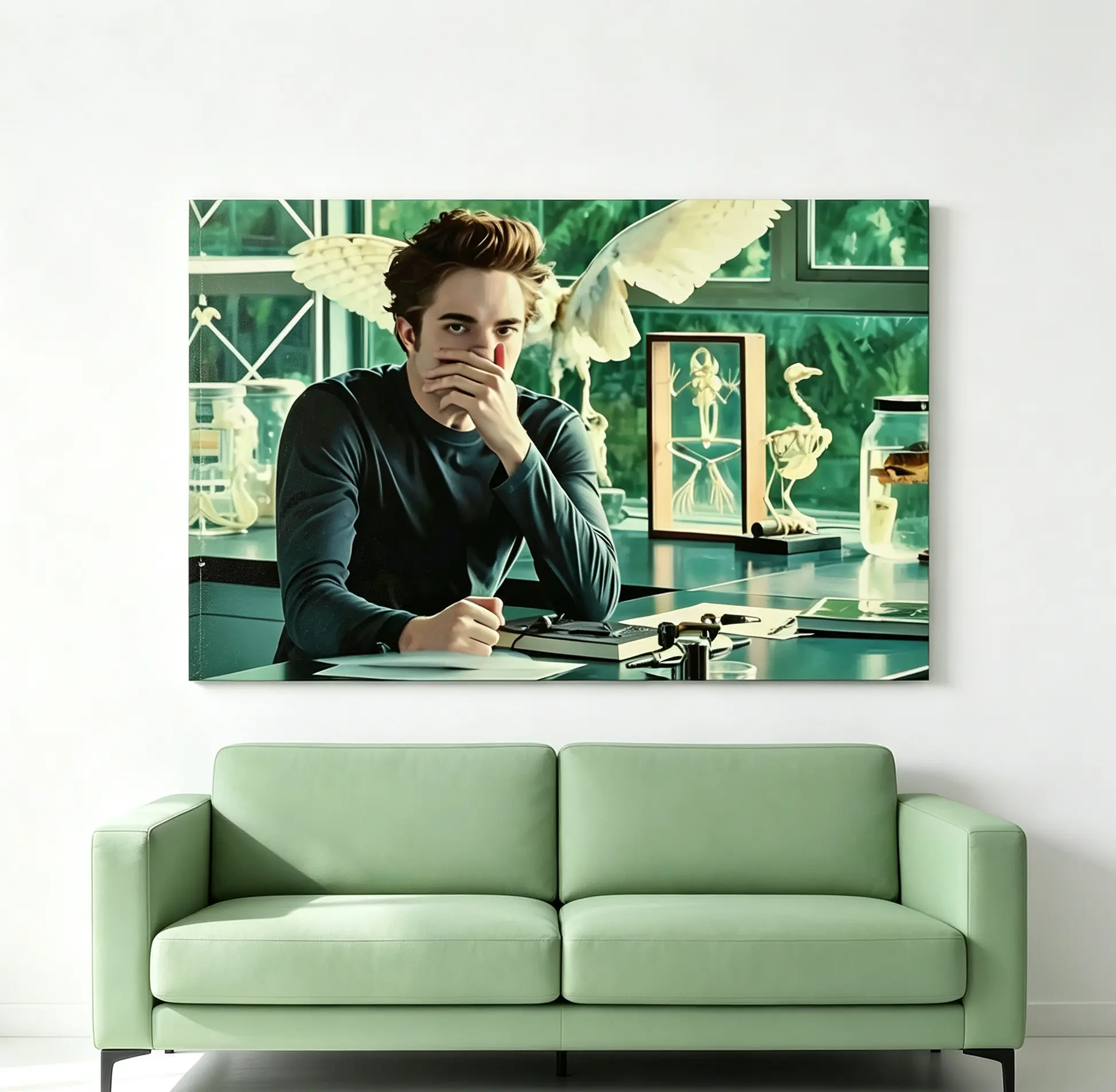 Twilight Edward Cullen Meme Canvas Wall Art Print, Robert Pattinson Biology Lab Bird Skeleton Vintage Poster, Dark Academia Aesthetic Room Decor, Unique Gift for Twilight Movie Fans Bedroom Dorm Decor