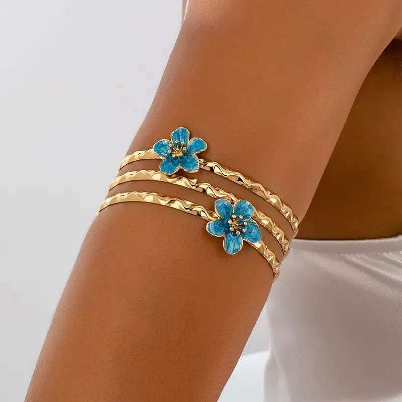 Cleopatra Arm Elegant Bracelet for Women with Blue Flower Accents and Gold Tone Finish