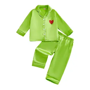 Tolddler Kids Girls Boys Christmas Matching Pajamas Set Satin Silk Button Down Shirt Tops and Pants Xmas Holiday Party Sleepwear Loungewear