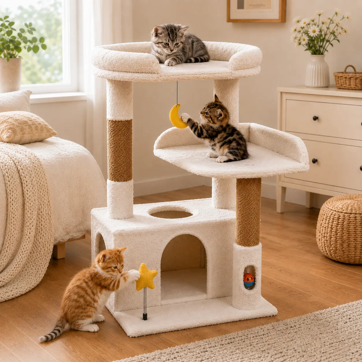 Cat Tree for Indoor Cats, Small Cat Tower with Plush Top Perch, Cozy Cat Condo, Sisal Scratching Posts, Hanging Toys and Dangling Ball for Kittens and Cats