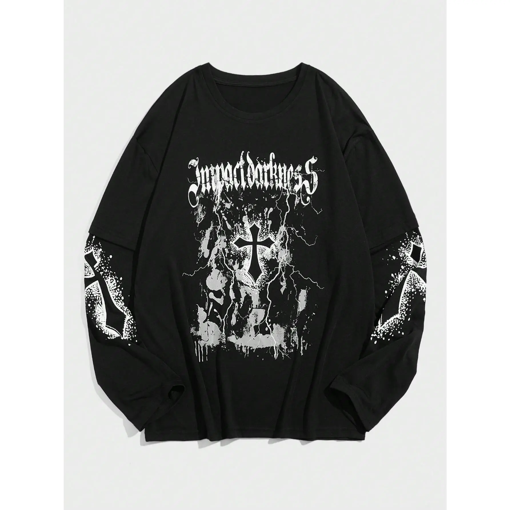Oversized Gothic Shirt Long Sleeve Cross Print Y2K Graphic Grunge Tee Shirt Top