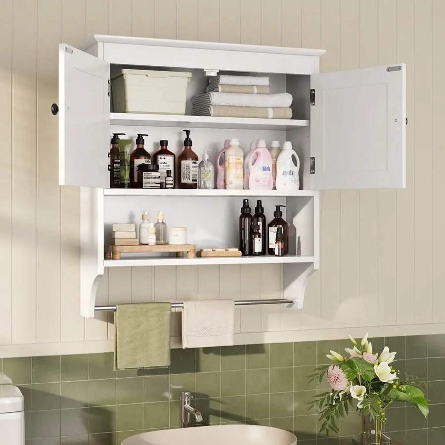 Classic  Wall Cabinet with Towel Bar - 2-Door Medicine Cabinet, Adjustable Shelves, 7.9"d x 23.9"w x 27.6"h, Assembly Required, Over-Toilet Space Saver for  Storage & Organizers, Kitchen Use,chabuildreark