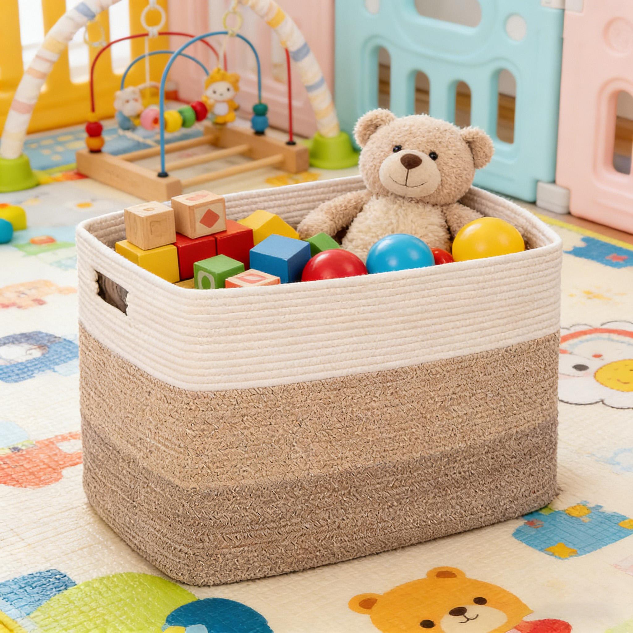 Large Cotton Rope Basket, Rectangular storage basket, suitable for storage, toy storage in children's rooms, and organizing baskets for toys with handles in living rooms