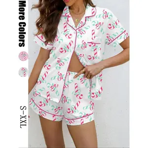 ��Christmas��Women's Christmas Pajama Set, Soft Shirt Collar Short Sleeve Top & Elastic Shorts, Casual Holiday Sleepwear, Comfortable Home Wear
