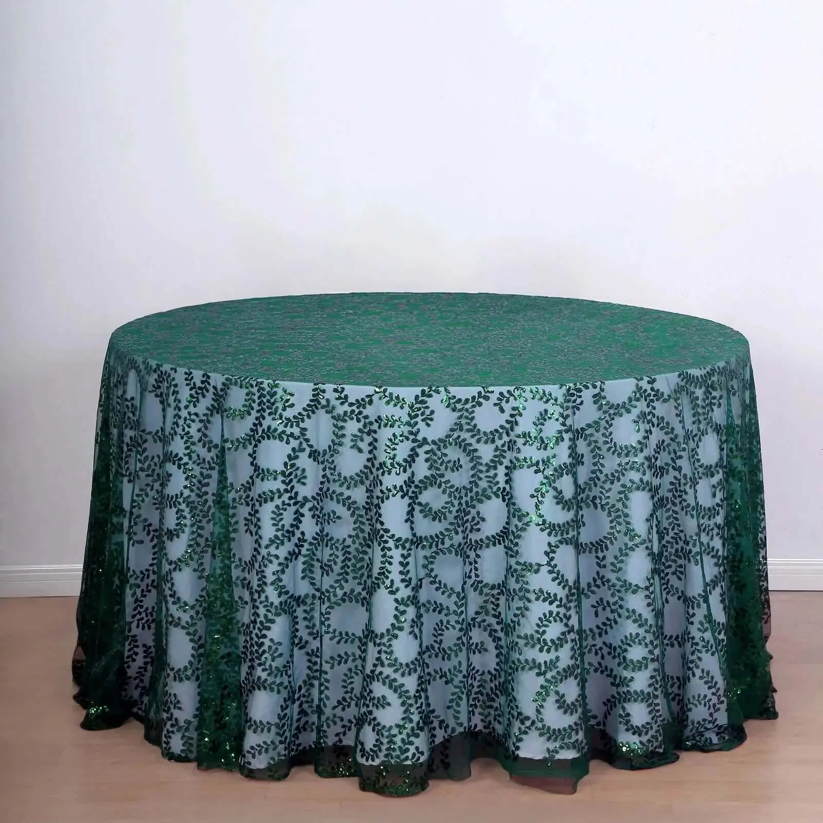 Tulle Round Tablecloth 120" Hunter Emerald Green with Sequin Leaf Embroidered Design - Seamless Sheer Table Cover