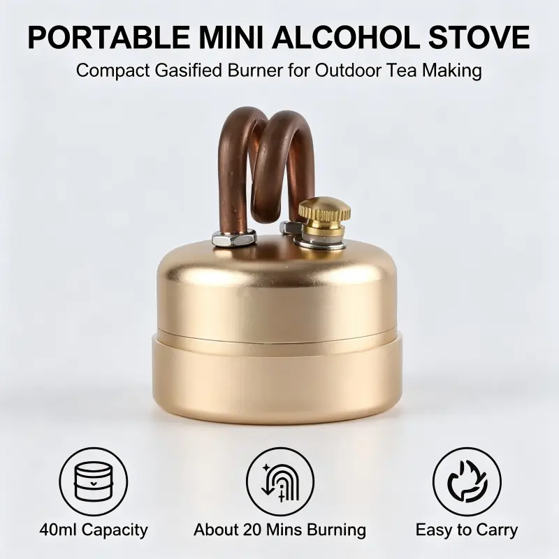 Portable Mini Alcohol Stove Kit, Copper Gasification 40ml Compact Alcohol Burner with Stand Silicone Base Funnel Bottle Storage Bag, Pocket Alcohol Stove for Camping Tea Making Indoor Outdoor Picnic    Set