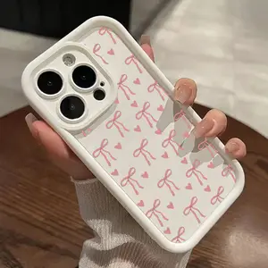 Pink Heart Bow Pattern TPU Phone Case for iPhone 16 15 14 Pro Max 13 12 11 XR XS Plus Shockproof Drop Protection Rugged Durable Silicone Cover Cellphone Protective Protector Casing