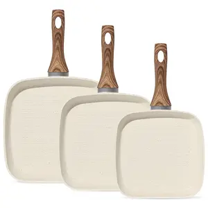 3 Piece Nonstick Grill Pans, Square Frying Pans Set for Indoor Outdoor RV Camping Cooking, Removable Heat-resistant Handle,PFOA Free Skillet with Stay Cool Handle