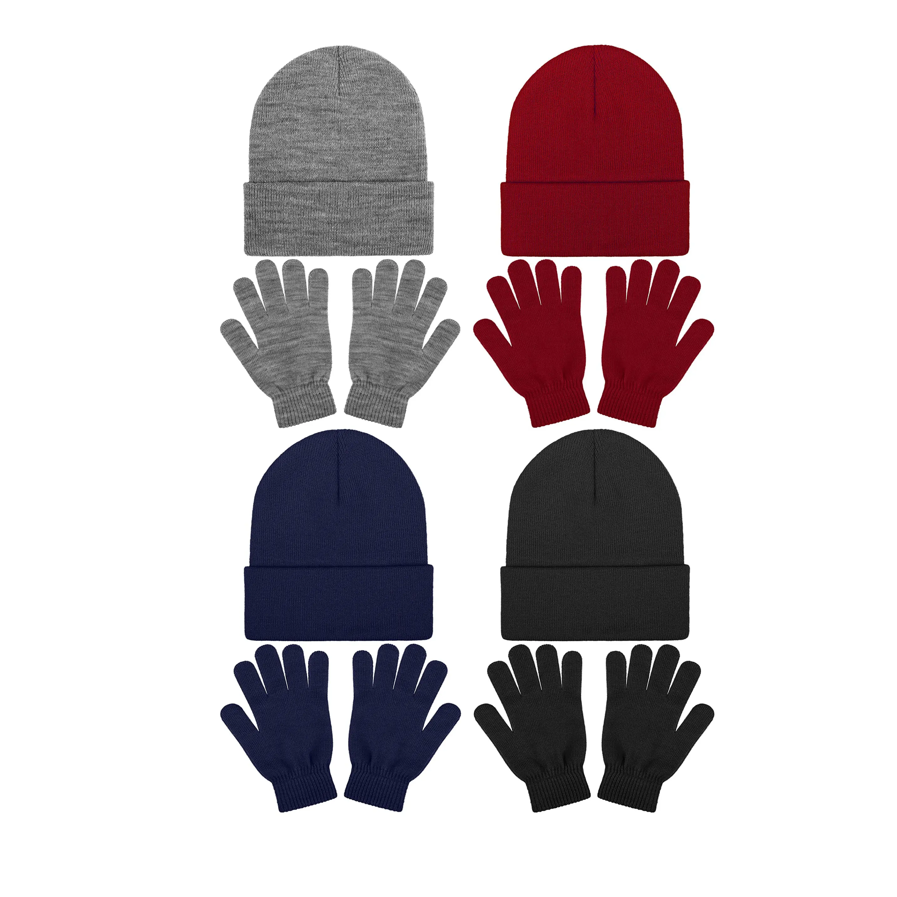 8 Pack Winter Knitted Cuff Beanies and Gloves Set for Men and Women - Acrylic Warm Skull Cap Cuff Hat Classic Gloves