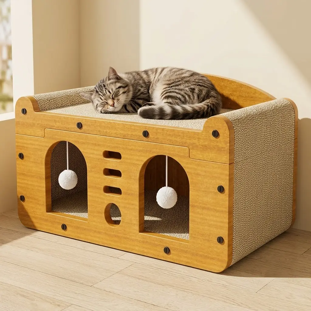 Eco-Friendly Corrugated Cardboard Cat Scratcher House – 2-in-1 Enclosed Cat Bed & Scratcher, Durable Cat Hideaway for Indoor Cats, Encourages Healthy Scratching Behavior