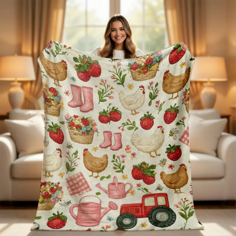 Cottagecore Farmhouse Throw Blanket - Cute Chicken Strawberry Pattern, Flower, Animal Artwork, Art Graphic, Adorable Style Blanket - Soft Cozy for Couch & Bed - Unique Gift for Her, Flower Blankets, Adorable Style Blankets