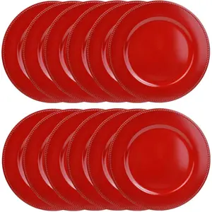 Set of 12 Red Beaded 13" Reusable Plastic Charger Plates Table Chargers for Dinner Plates