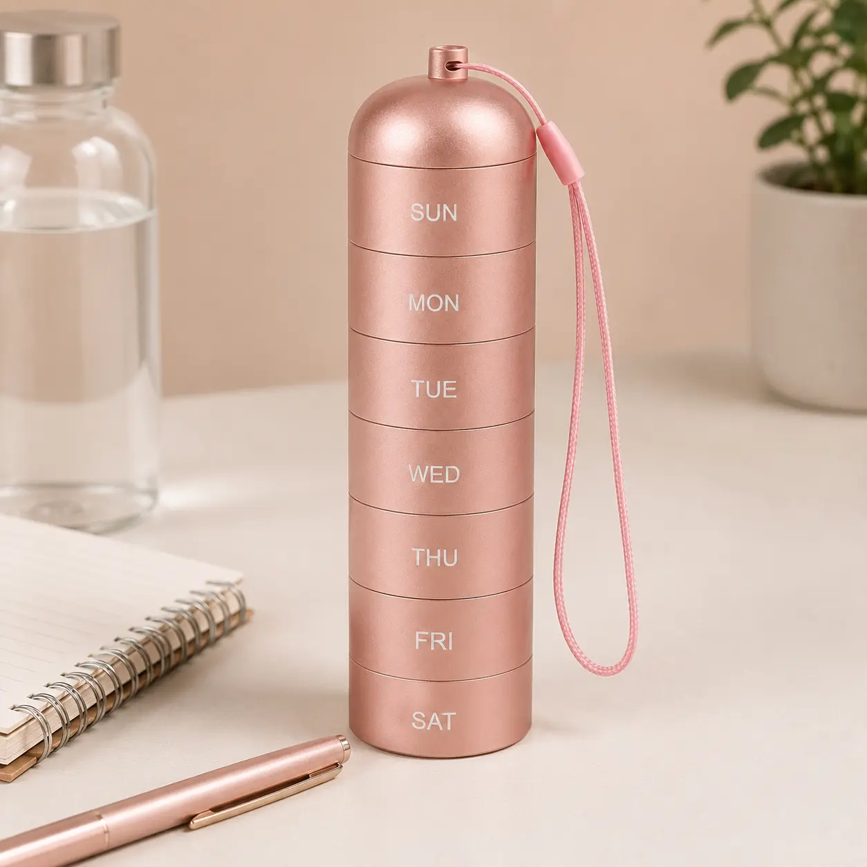 Aluminum Alloy 7-Day Pill Organizer with Twist-Lock Compartments, Compartmentalized Storage Bottles & Jars with Daily Dose Labels, Portable 7day Dose Slots Case Fits Any Bag for Vitamins, Supplements