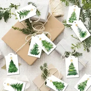 10pcs Christmas Watercolor Pine Tree Gift Tags With Golden Stars - Festive Holiday Hang Tags For Wrapping And Box Decoration, Rustic Gift Wrapping |   Artistic Gift Tags |   Natural Twine Tags