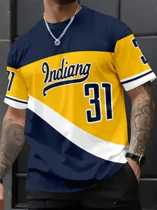Men's Indiana State 31 Pattern Full Color Block 3D Print Football Jersey, Lightweight Breathable Knit Fabric, Sporty Long Fitted Tee, Jersey Shirts