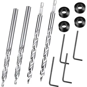 4 Pieces 3/8 Inch Pocket Hole Drill Bit with Depth Stop Collar 1/4 Hex Shank and Round Shank Replacement Twist Step Drills for Manual Pocket Hole Guide Jig Master System (6.3 Inch Length)